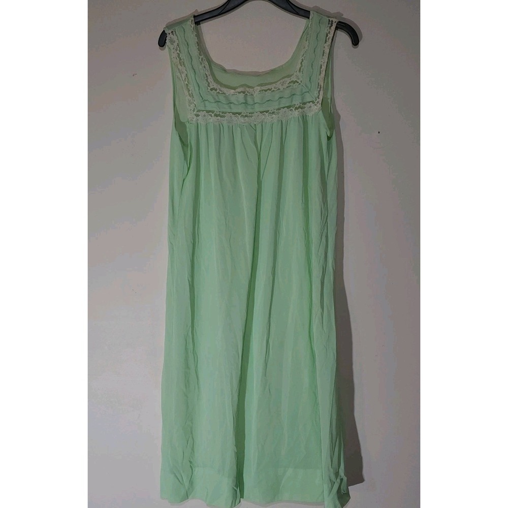 Green Sleeveless Long Nightgown Lace Trim Vintage Cottagecore Silky Square Neck